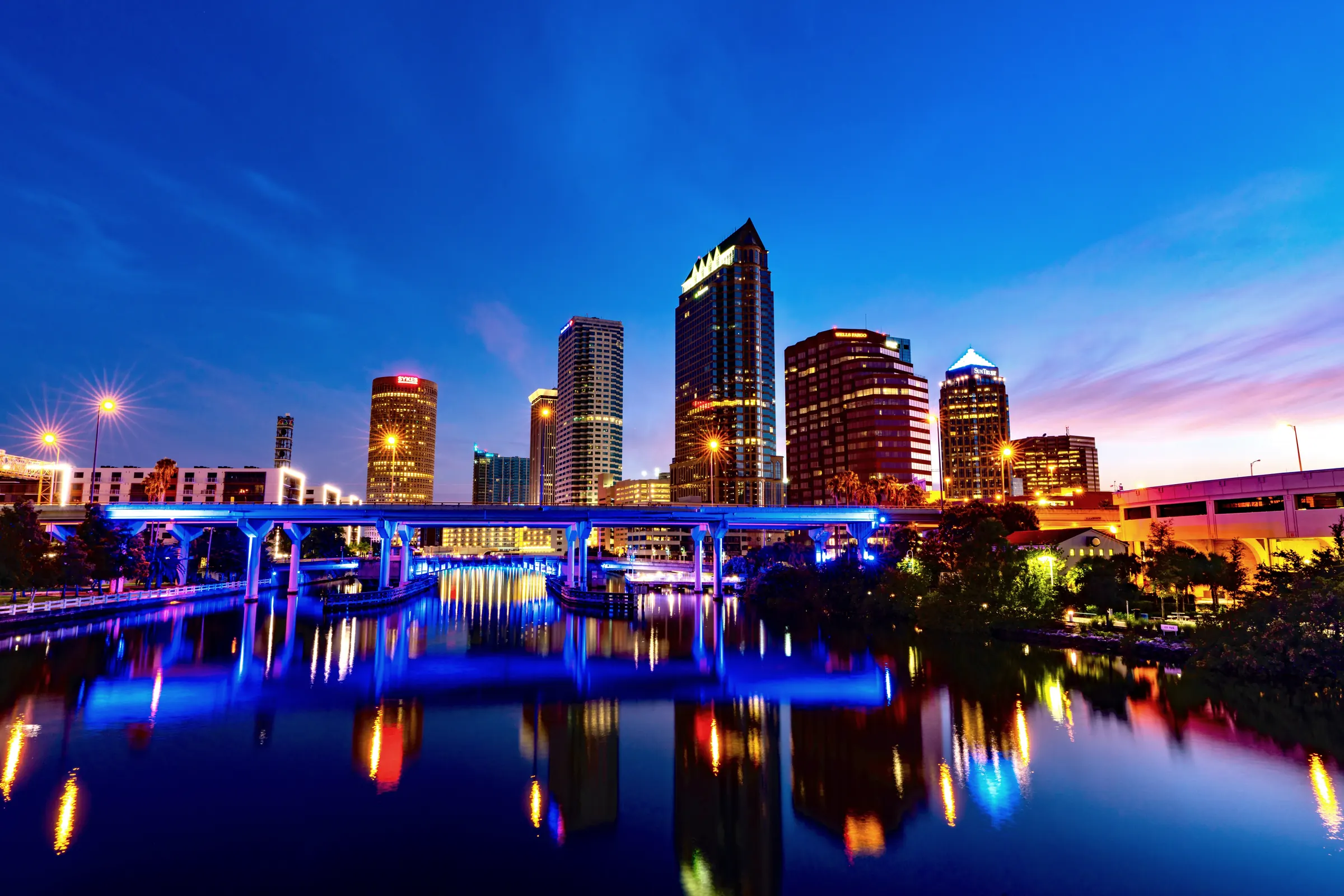 Downtown Tampa skyline reflected in the Hillsborough River at blue hour